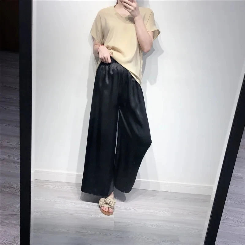 Birdsky, 1pc 100% natural Mulberry Silk Women Loose Cuts Pants Capris wide leg trousers extra size, high waist. S-39