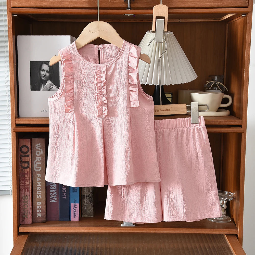 Korean Version Summer New Girls' Casual Suit Solid Color Round Neck Bow Pleated Vest Top+shorts Two-piece Set for Daily Wear