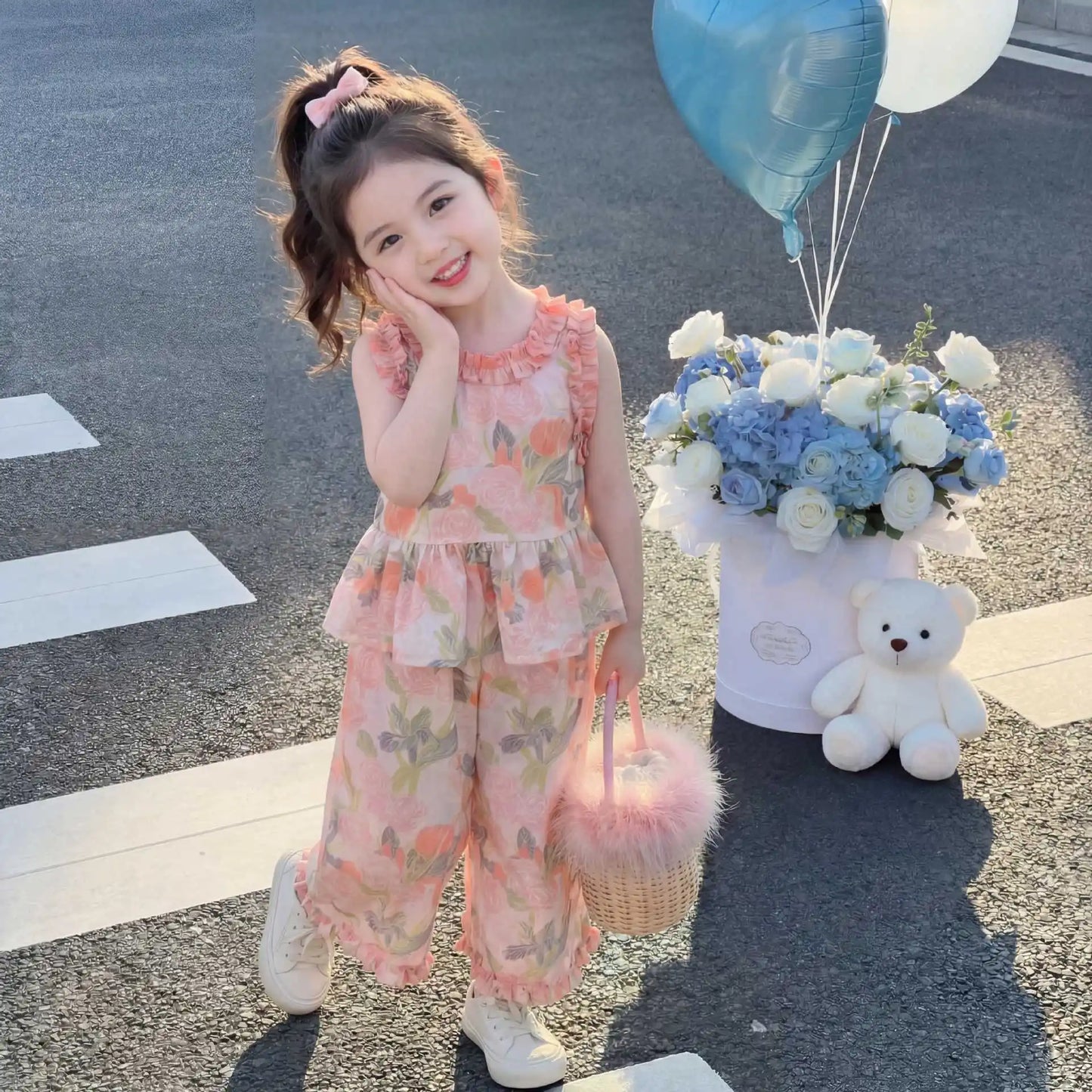 1Sets Girls Thin Flower Print Set Kids Summer Sleeveless Top And Long Pants Suit Baby Fashion Costume Cute Children Beach Sets