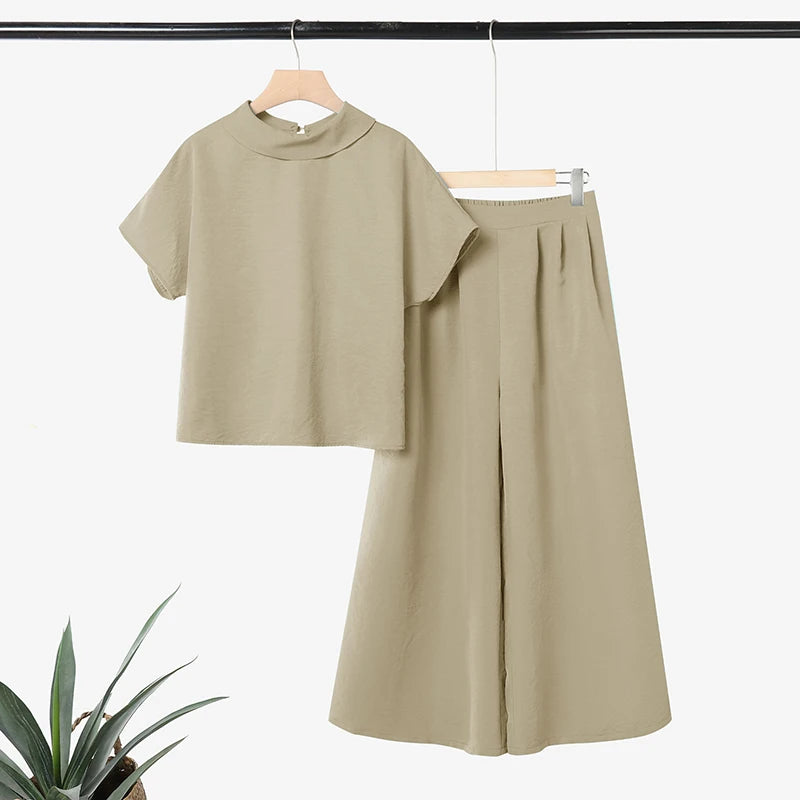 ZANZEA Women's Loose Pant Sets Collared Short Sleeve Tops & Wide Leg Pants 2 Pieces Suits Daily Casual Solid Color 2pcs Outfits