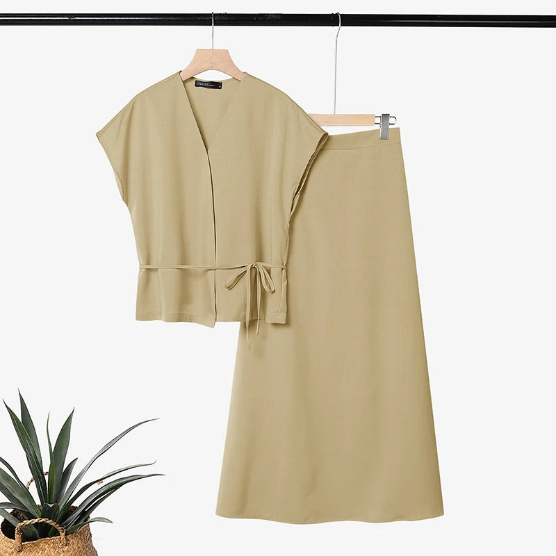 ZANZEA 2PCS Stylish Women V Neck Short Sleeve Blouse Dress Sets Summer Outfits Elegant 2 Pieces Sets Solid OL Work Skirt Suit