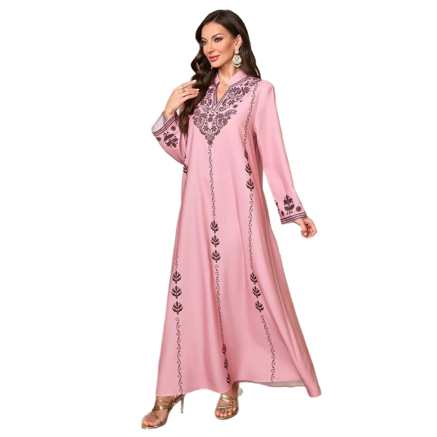 Fashionable Muslim Women's Printed Robe New Dubai Arab Elegant V-neck Long Dress For Outerwear Dubai Luxury Islam Elegant