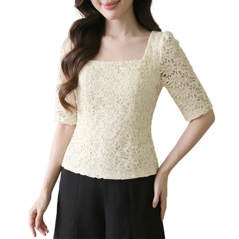 ZANZEA Women Classy Elegant Lace Patchwork Blouses Square Neck Half Sleeve Side Zipper Fitted Short Tops Summer Blusas de Mujer