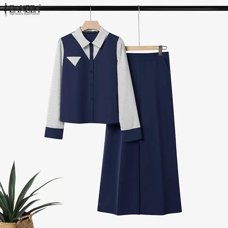 ZANZEA Autumn Stripe Patchwork Long Sleeve Blouse Wide Leg Pants Sets Women Muslim Two Piece Suit Elegant Modest Ramadan Outfits