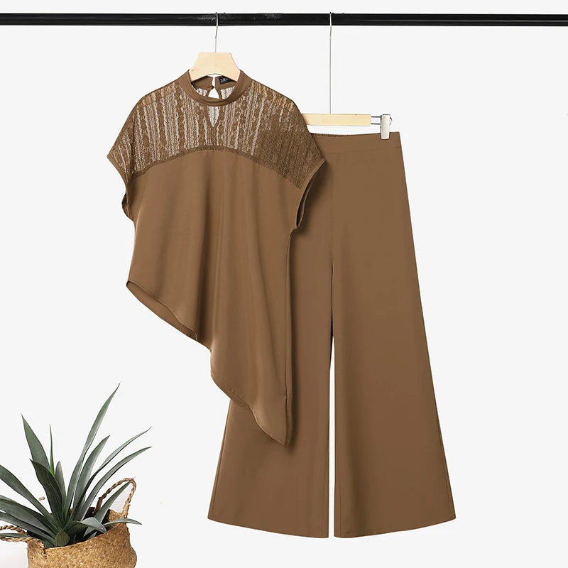 ZANZEA Women Elegant 2-Piece Pant Sets Lace Patchwork Asymmetrical Hem Blouse & Wide Leg Pant Matching Sets Loose Chic Co-ords