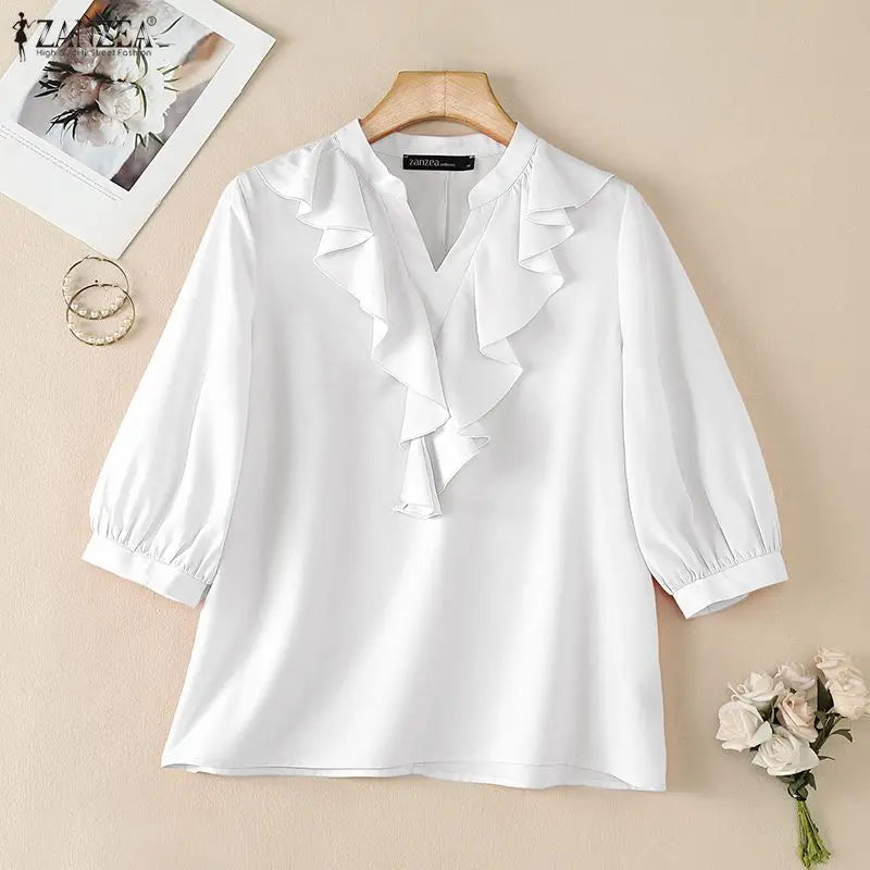 ZANZEA Women Ruffles Blouses Summer 3/4 Sleeve Tops Solid Color Fashion Tee V Neck Blusas Streetwear OL Work Tunic Female