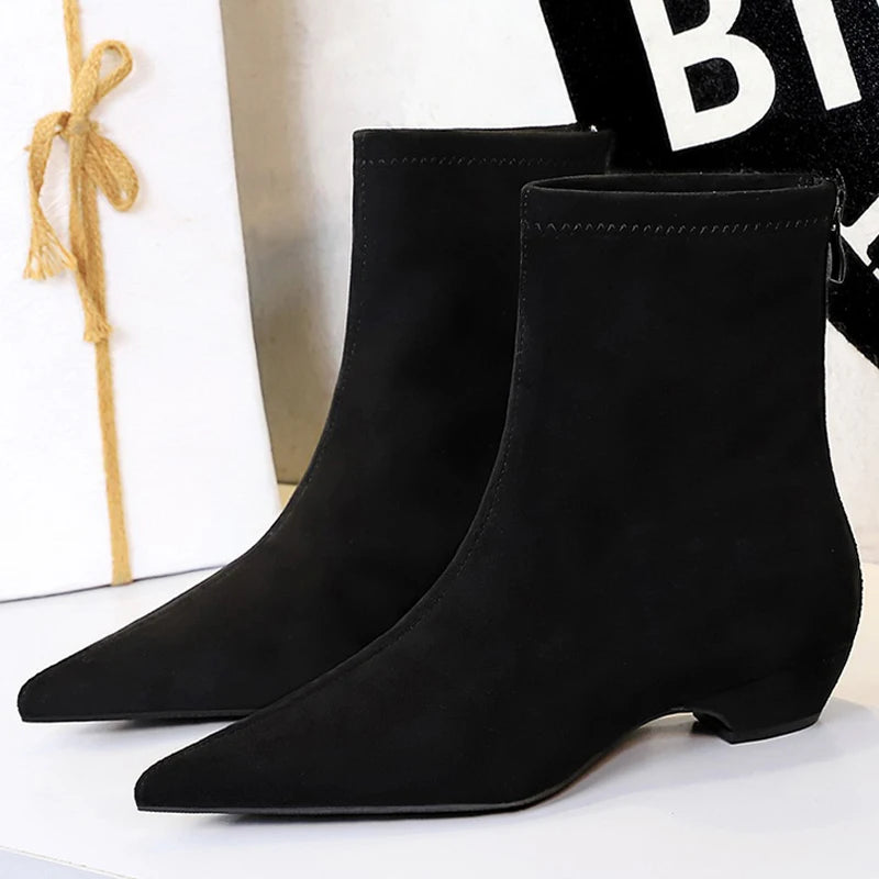 BIGTREE Shoes Low Heeled Women's Boots Back Zipper Women's Ankle Boots New Fashion Boots Suede Short Boots Pointed Ladies Shoes