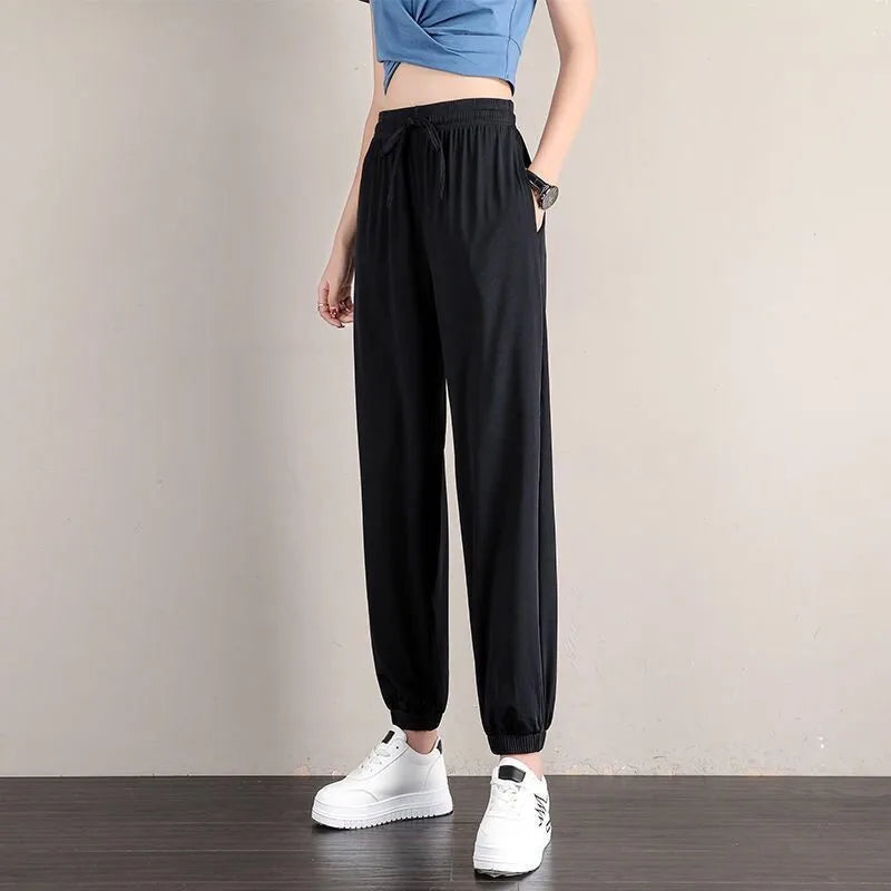 1pcs Summer Womens Ice Silk Pants Female High Elastic Waist Drawstring Pocket Loose Straight Trousers Student Sports Harun Pants