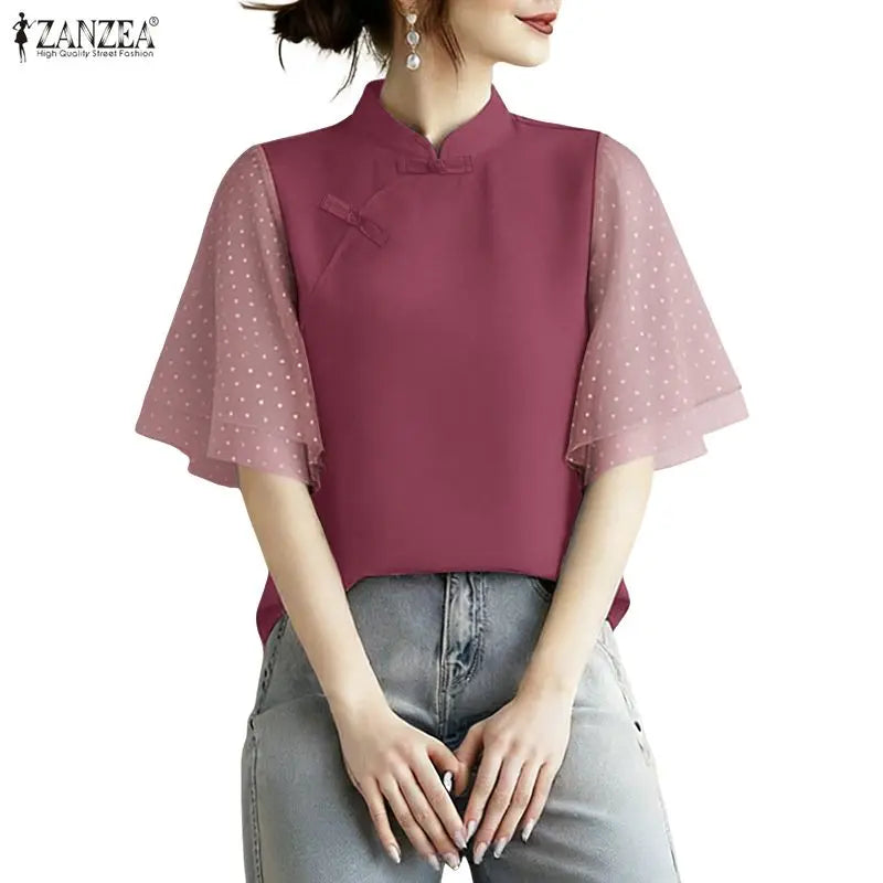 ZANZEA Woman Elegant Blouses Vintage Mandarin Collar Polka Dot Mesh Patchwork Half Sleeve Tops Summer Casual Blusas de Mujer