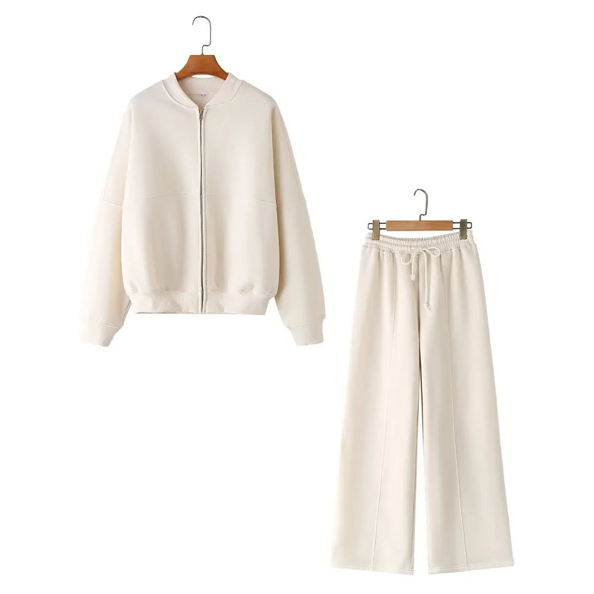 HH Women's 2-piece Retro Solid Color Zipper Bomber Jacket Sweatshirt + High-waisted Lace-up Women's Loose Velvet Pants Suit