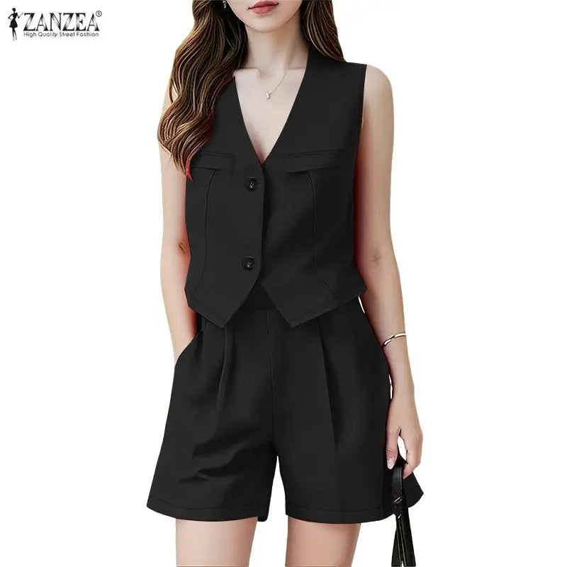 ZANZEA Woman Short Suits Summer Sleeveless Vests Tops & Elastic Waist Shorts 2 Pieces Sets Casual Commuting Solid Color Outfits
