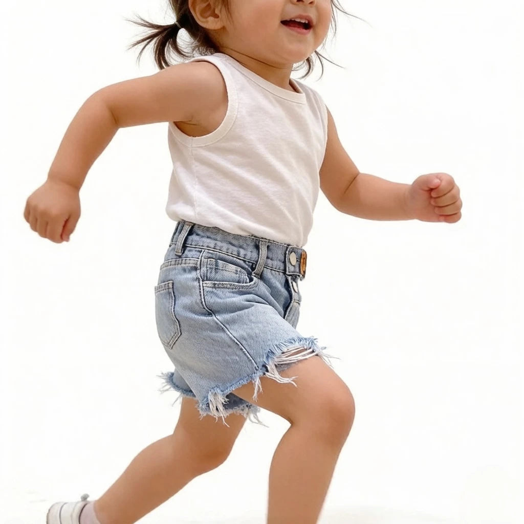 Women's Kids Summer Ripped Denim Shorts with Embossed Logo Casual Wear for Girls Cotton Blend Stretchy Jeans Shorts for Kids