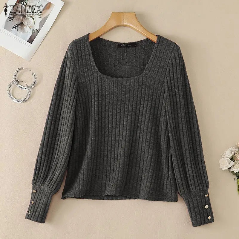 ZANZEA Woman Casual Ribbed Knit Blouses Suqare Neck Long Sleeve Solid Pullover Tops 2026 Autumn Daily Wear T-Shirts Streetwear