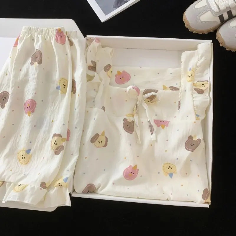 Childrens Floral Pajamas Set Summer Lightweight Cloud Cotton Vest with Shorts Princess Style for Girls Baby Homewear