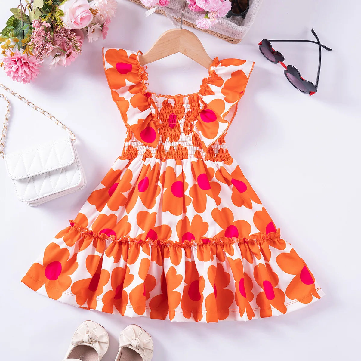 1 - 7 Y Baby Girls Sweet Floral Dress with Ruffled Sleeves & Smocked Waist - Perfect for Party & Summer Wear for Kids Girl Dress