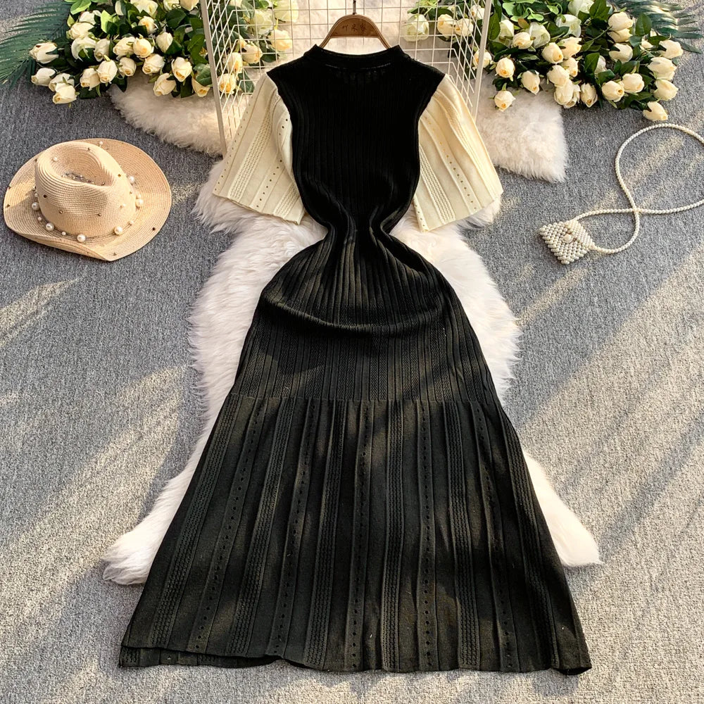 YuooMuoo Women Dress 2026 Spring and Summer Elegant Patchwork One-Piece Knitted Maxi Dress Office Lady Slim Waist Sweater Dress