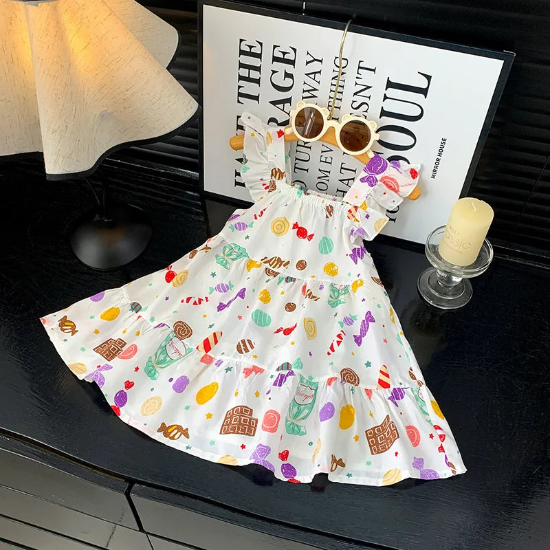 2026 Summer Girls Flutter Sleeve Dress Kids Printed Tiered Princess Dresses for 1-12Y Children Vacation Clothes