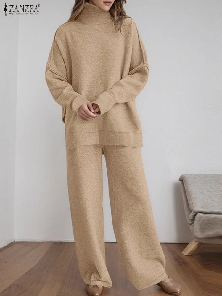 ZANZEA Women's Knitted 2 Pieces Pant Sets Casual Loose Turtleneck Long Sleeve Pullovers and Wide Leg Pant Suits Daily Outfits