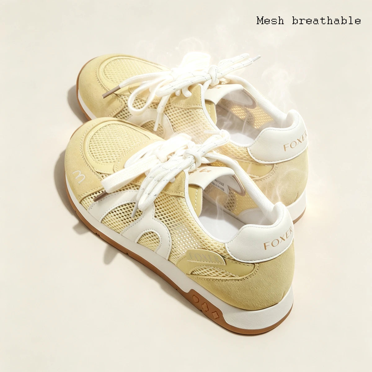 FOXER Retro Mesh Sneakers for Women Pig Split Leather Fashion Ladies Casual Running Shoes Daily Non Slip Walking Footwear