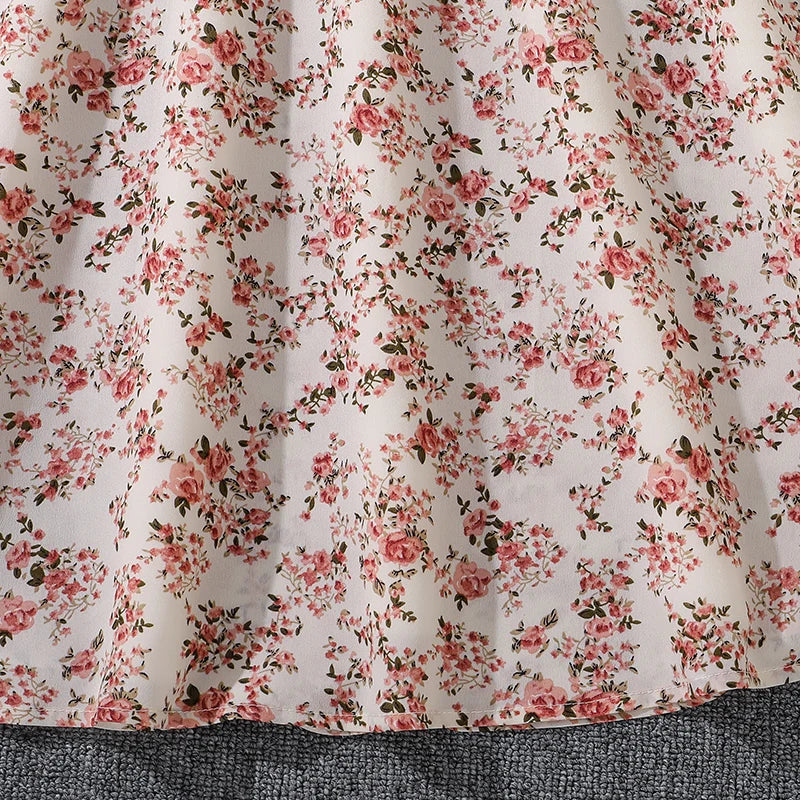 Beige Knitted Square Collar Patchwork Belted Ditsy A-line Dress Casual Style Tween Kids Dress Vacation Outgoing Daily Dress