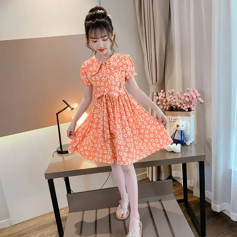 Doll-collar Dress Summer Suit for Girl Kids Clothes Children Dresses Girls Little Junior Girls' Clothing Princess Girls' Elegant