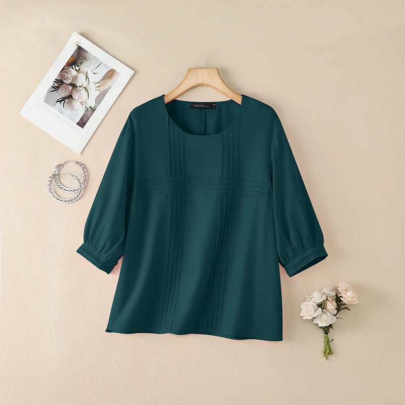 ZANZEA Woman Casual Minimalist Blouses Summer Pintuck Detailing O-Neck 3/4 Puff Sleeve Solid Color Tops Everyday Blusas de Mujer