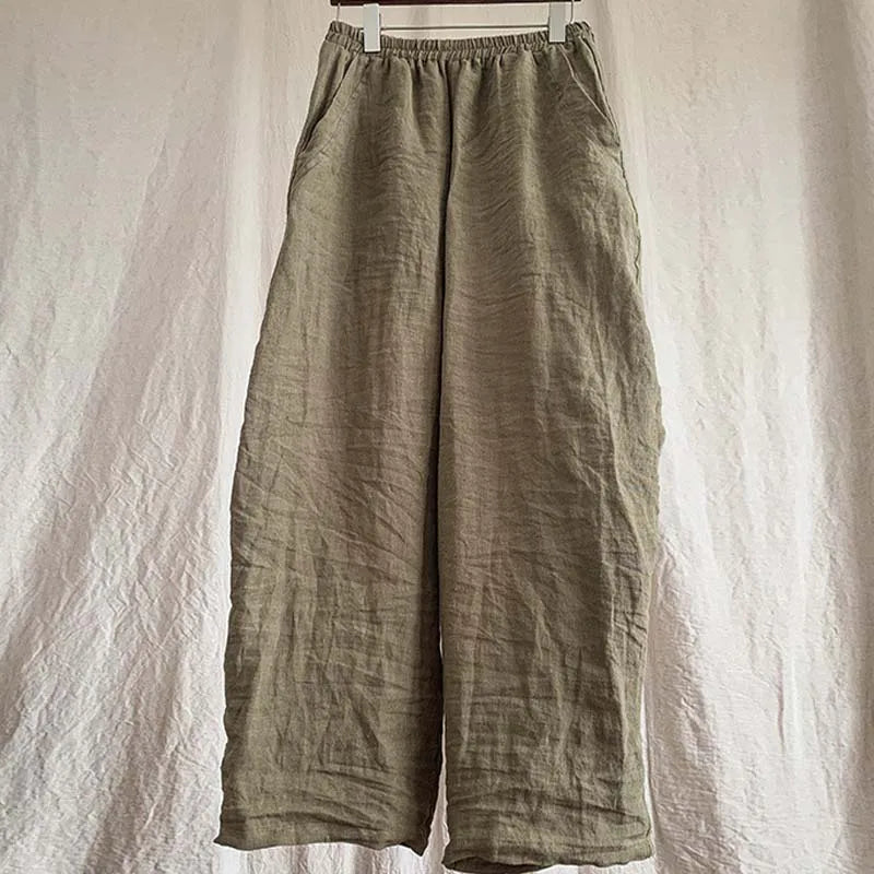 High Quality New Spring Summer Arts Style Women Elastic Waist Loose Ankle-length Pants Solid 100% Linen Casual Harem Pants T425