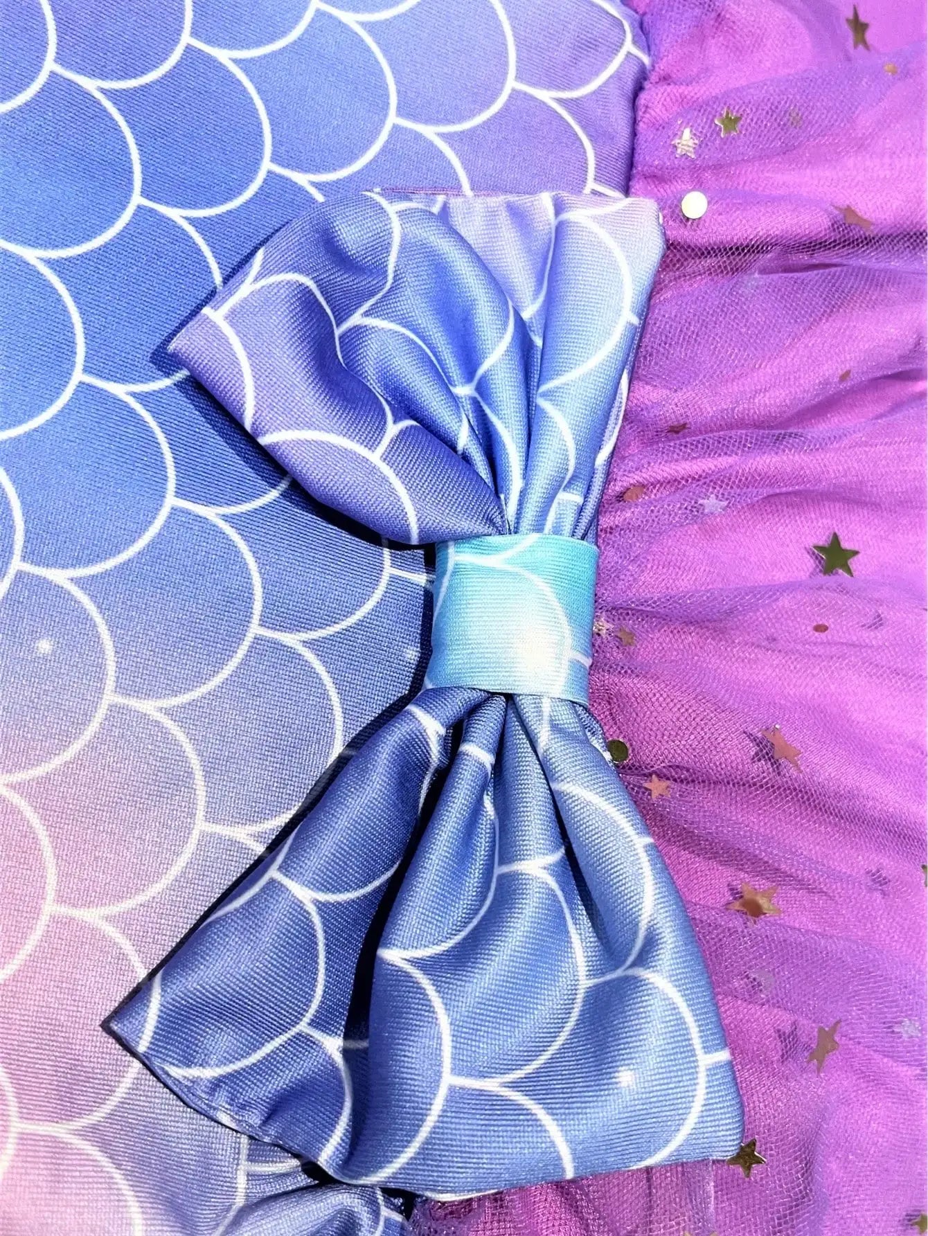 Enchanting Girl Summer Dress - Purple Lotus Leaf Cuff, Mermaid Scale Print and sequin Decoration, Polyester Mesh Skirt