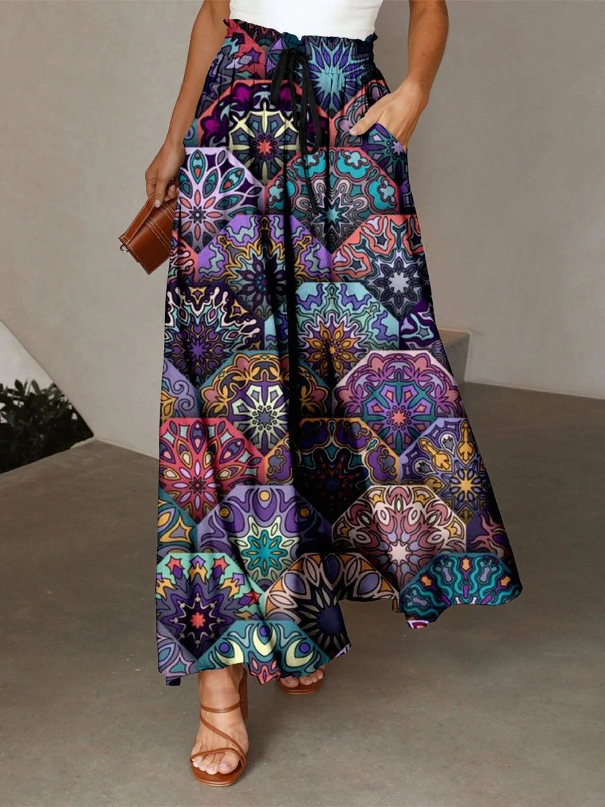 Colorful Feather Printed Wide Leg Pants Women's Elapsed Waist Pleated Pocket Design Loose Draped All-match Casual Pants