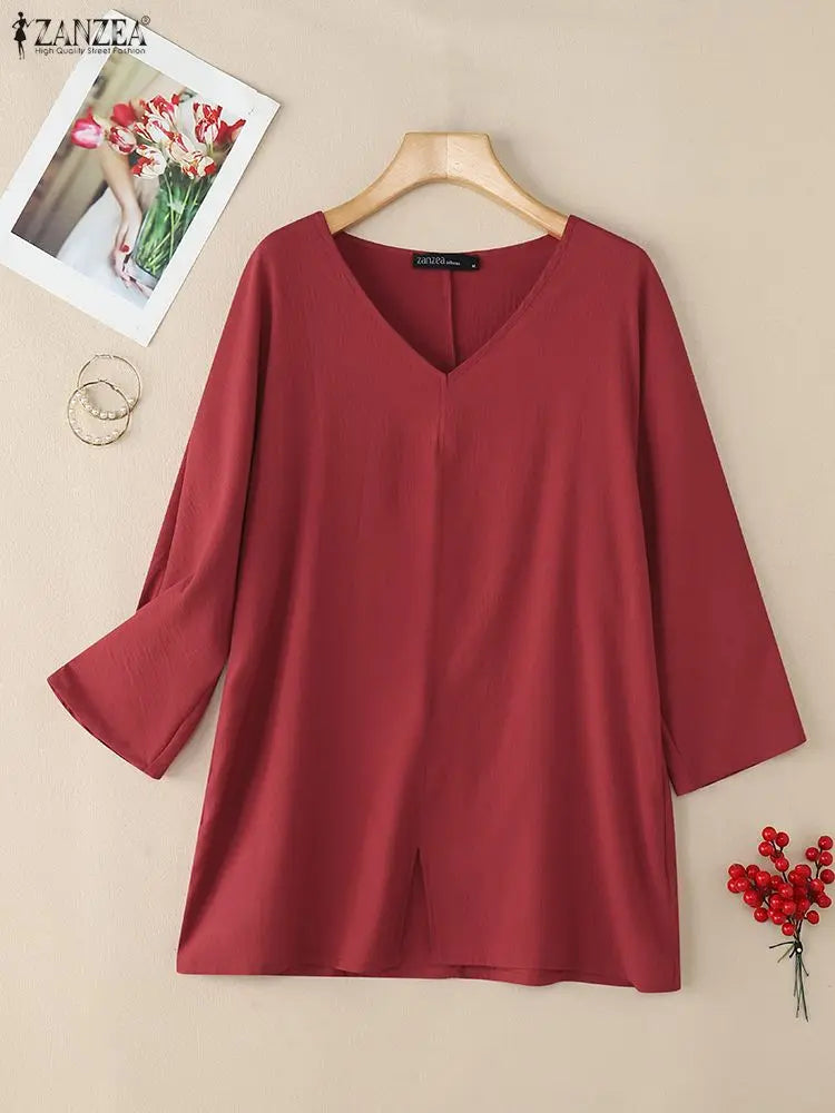 ZANZEA 2025 Autumn 3/4 Sleeve Blouses Women Casual V-Neck Solid Color Slit Hem Long Blouse Loose Everyday Wear 3 Colors S-3XL