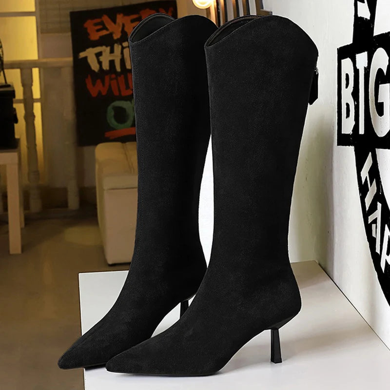 BIGTREE Shoes Fashion Women Knee High Boots Stilettos Heel Pointed Tip High-heeled Boots Back Zipper Long Boots Suede Lady Boots