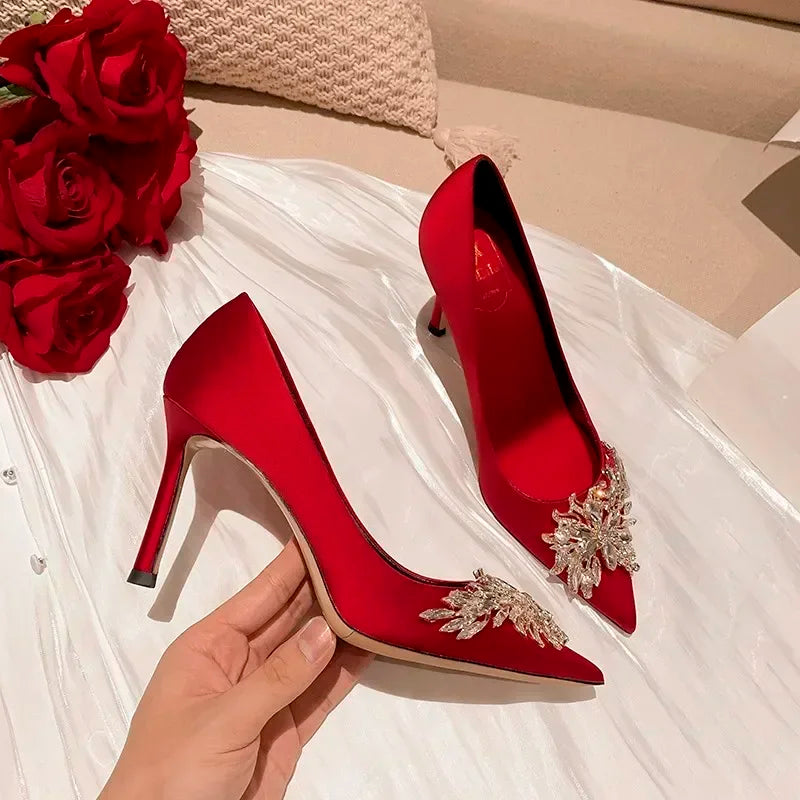 2024 Spring Summer Autumn New Wedding Shoes Red High Heels Slim Heels Korean Version Pointed Toe Bride Shoes High Heels