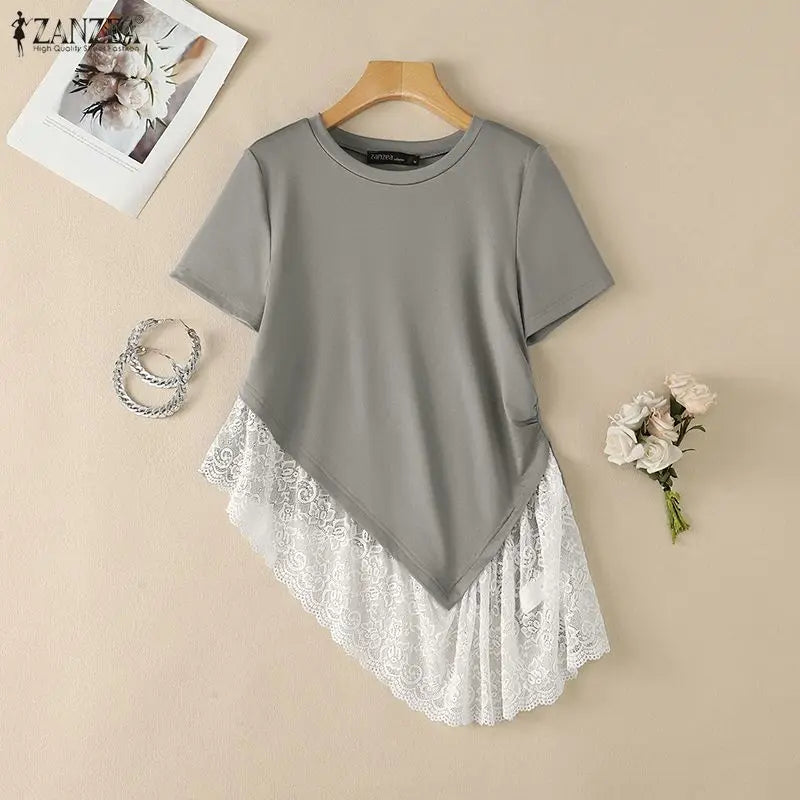 ZANZEA Woman Casual Chic Short Sleeve T-Shirts O-Neck Lace Patchwork Asymmetrical Hem Tops 2026 Summer Fashion Streetwear Tees