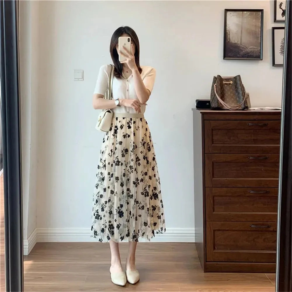 Mesh Floral Skirt Women 2023 Spring Summer Autumn Long Gauze Skirt High Waisted Grace Fashion Puff Skirts Elegant Mujer Printing