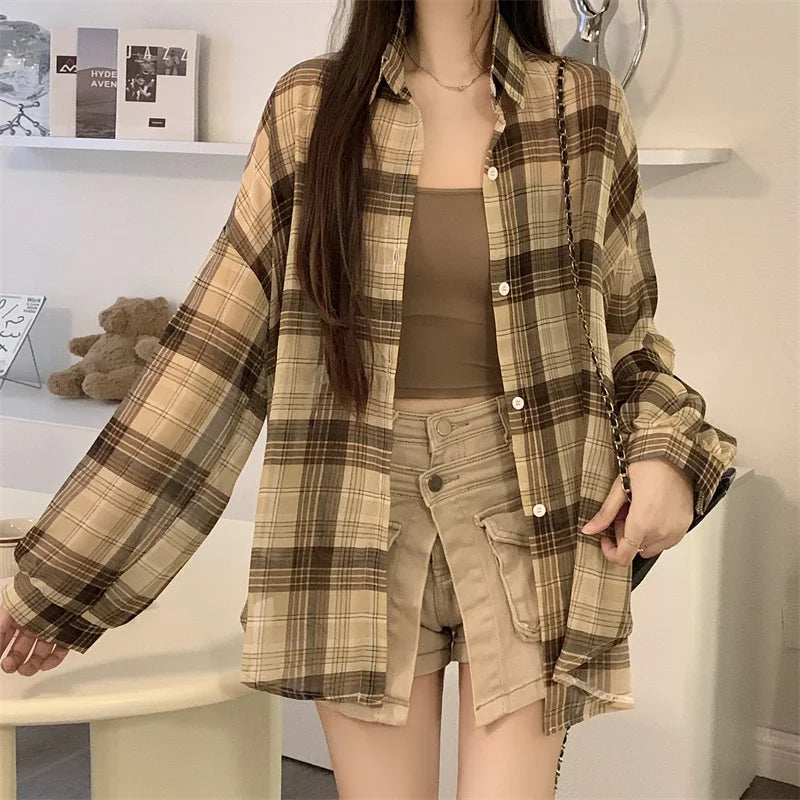 Sheer Chiffon Plaid Shirt for Women Ovesized Collared Button-down Blouse Summer Laides Slouchy Casual Outfit