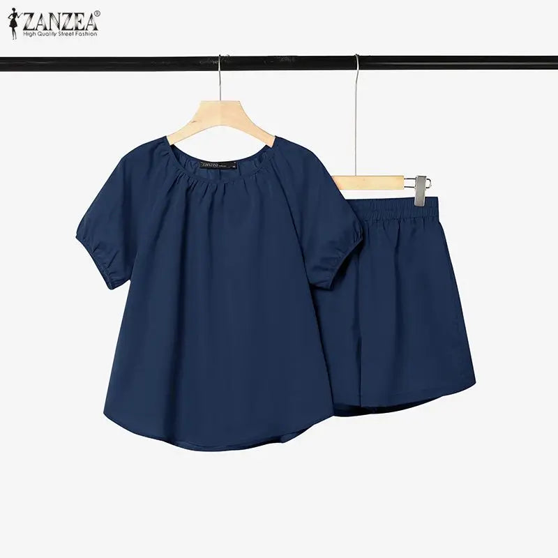 ZANZEA Women 2 Piece Matching Short Sets Loose Short Puff Sleeve Blouse & Elastic Waist Shorts Suits Summer Daily Sets Outfits