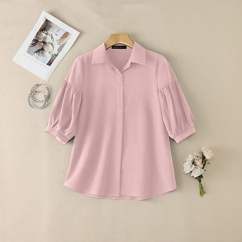 ZANZEA Women's Crinkled Fabric Casual Shirts Turn-Down Collar Half-Buttons 3/4 Lantern Sleeve Blouses Minimalist Solid Color Top