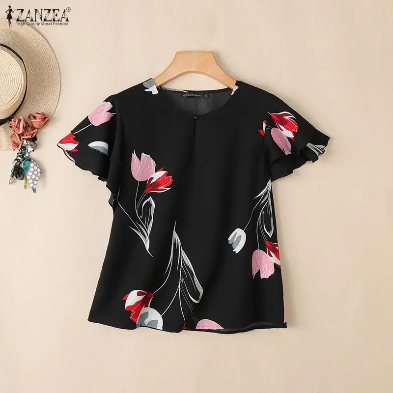 ZANZEA Woman Summer Floral Print Pullover Blouses Layered Ruffles Sleeves Keyhole O-Neck Blusas Mujer Daily Casual Dates Tops