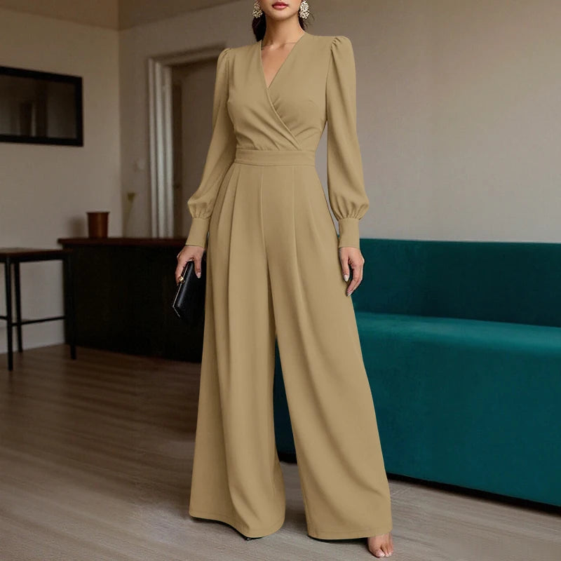 ZANZEA Women's Elegant Wrap V-Neck Jumpsuits Long Sleeve Cinch Waist Solid Color Wide Leg Pant Overalls Woman Fashion Jumpsuit