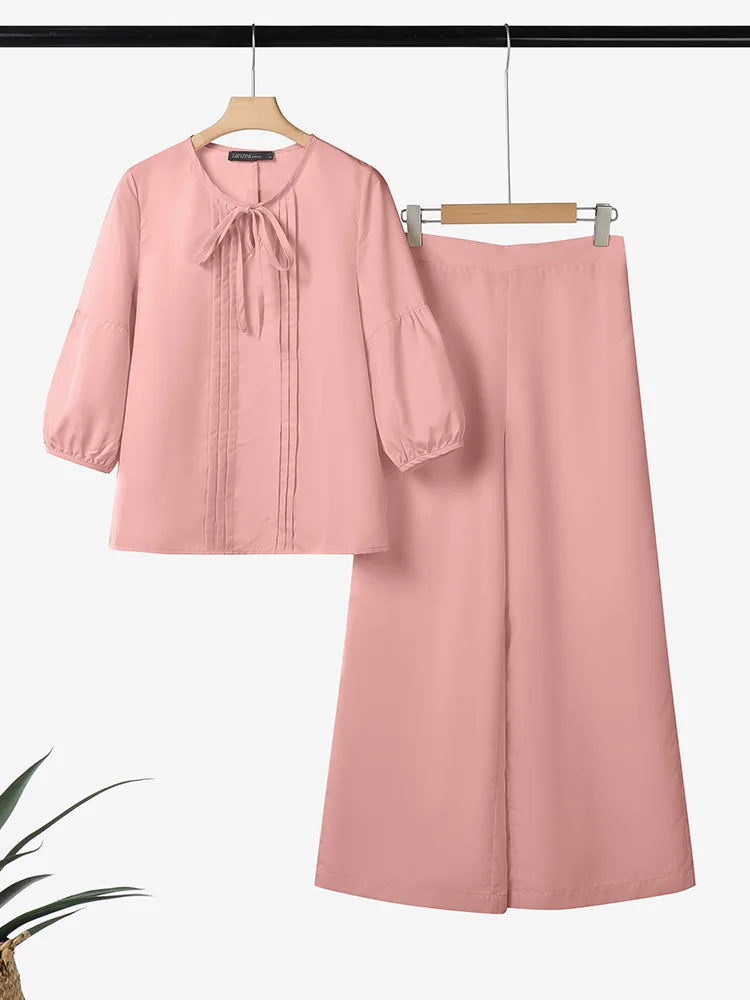 2026 ZANZEA Spring Pant Sets Women 2PCS Outfits O Neck 3/4 Sleeve Blouse Trousers Casual Solid OL Work Tracksuit 2 Pieces Sets