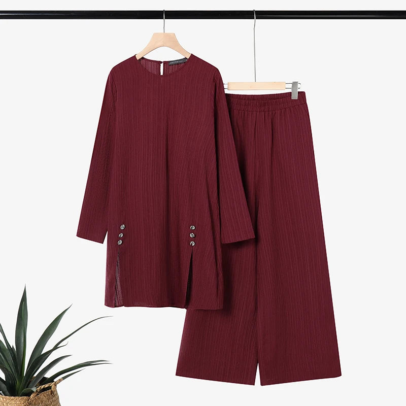 Ramadan Outfit 2026 ZANZEA Fashion Muslim Suit Women 2 Piece Sets Full Sleeve Long Tops Wide Leg Pant Sets Dubai Hijab Tracksuit