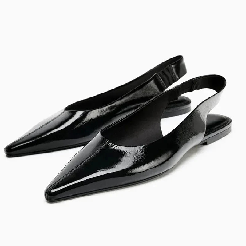 Black Patent Leather Ballet Flats Women Sexy Pointy Toe Slingback Soft Leather Flat Sandals Comfortable Office Shoes for Women