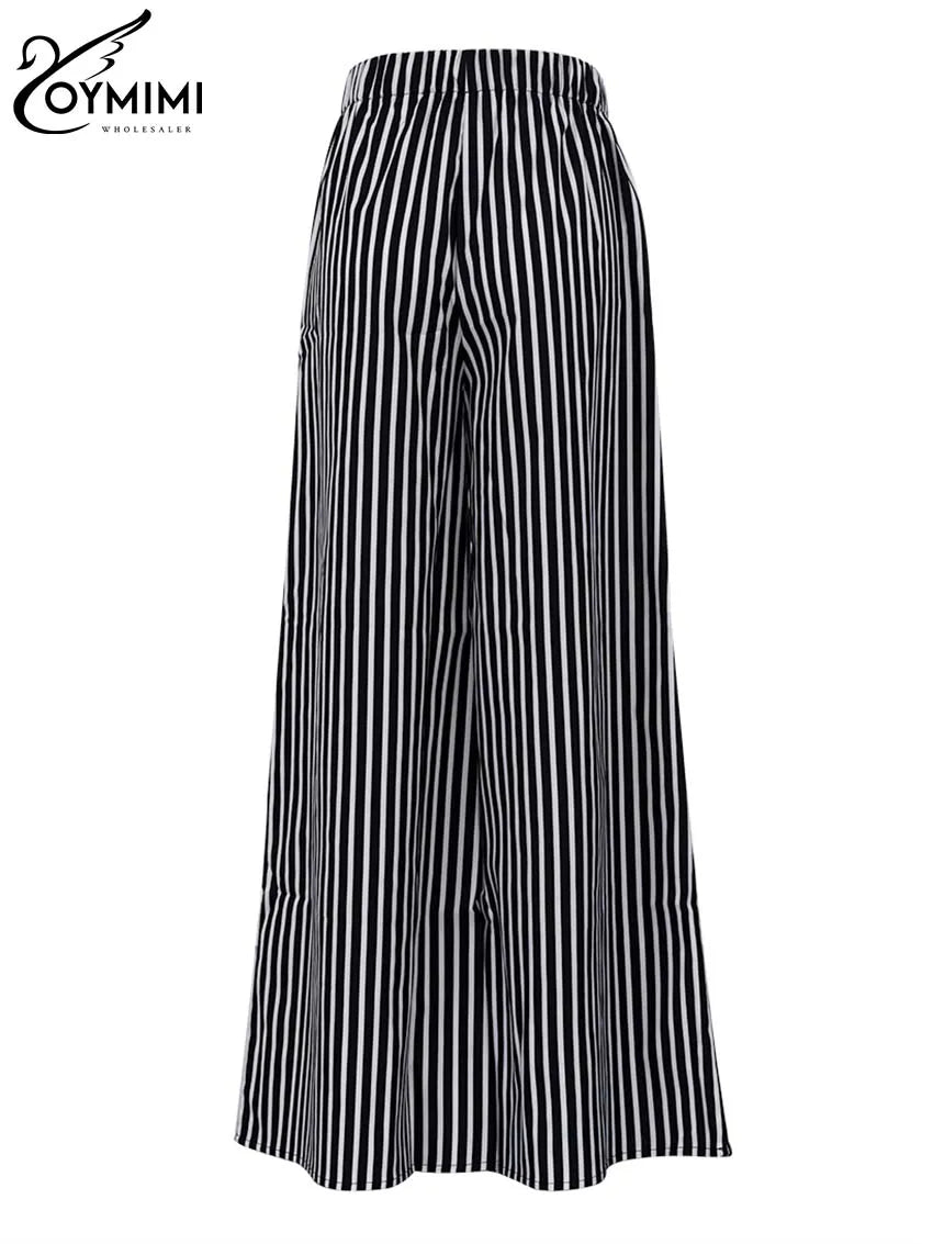 Oymimi Fashion Black Striped Print Women's Pants Elegant High Waist Loose Trousers Casual Straight Full Length Pants Streetwear