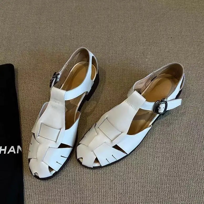 Roman-Style Gladiator Sandals Women Comfort Square-Heel Metal Buckle Straps Flats Sandals Openwork Woven Design Shoes for Women