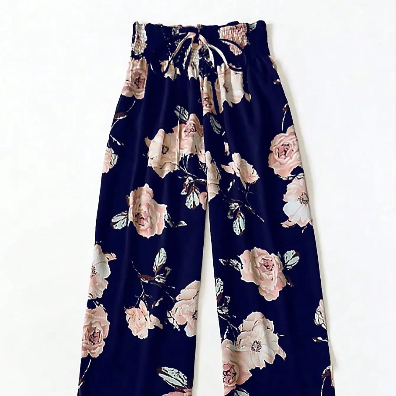 Women's Floral Print Wide Leg Pants, Casual Elastic Waist Drawstring Palazzo Trousers For Ladies