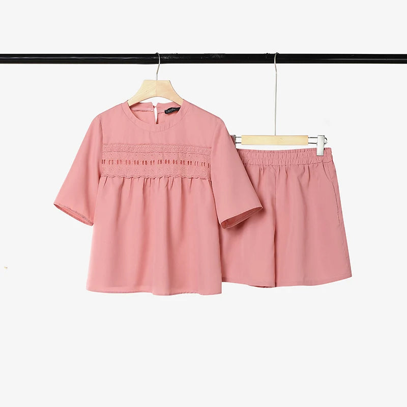 ZANZEA Women Casual 2 Pieces Sets O-Neck Half Sleeve Lace Patchwork Blouse & Elastic Waist Shorts Solid Color Loose Suits Outfit