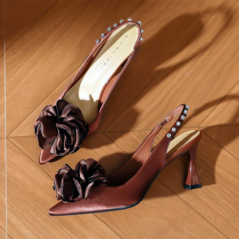 Luxury Satin Floral Designer Women Pumps Sexy Pointed-Toe Rhinestone Decoration Slingbacks Sandals Elegant Brown Party Shoes