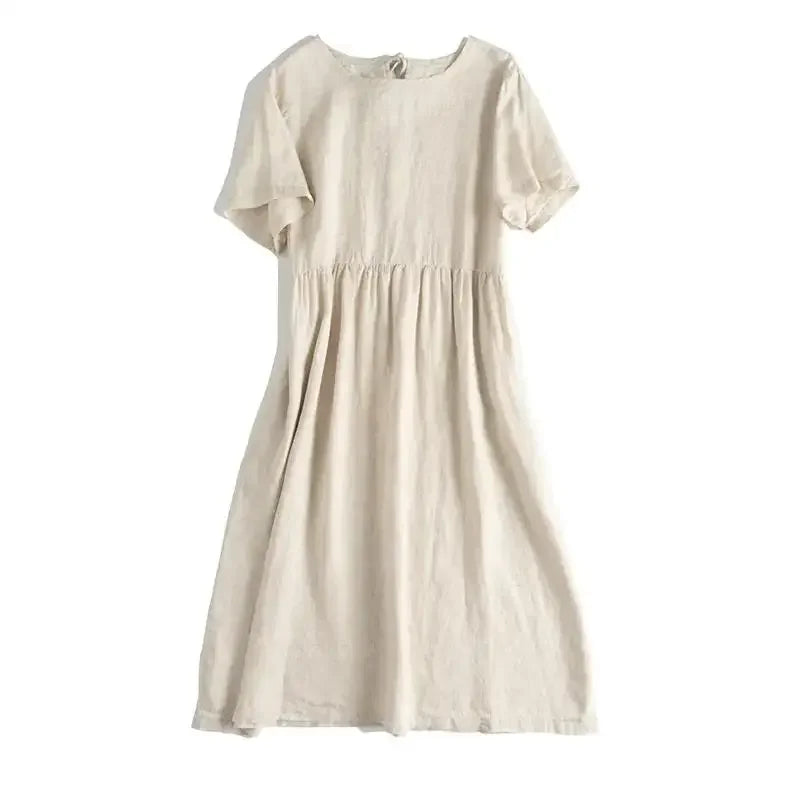 Original Women Cotton Linen Midi Dresses Summer Chic Female Vestidos Loose Soild A-Line Dress Short Puffy Sleeve Casual Sundress