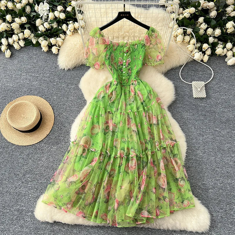 Summer Vintage French Mesh Dress for Women New Waist Cinched Slash Neck Bubble Sleeves Sweet Floral Chiffon Dress Female C146