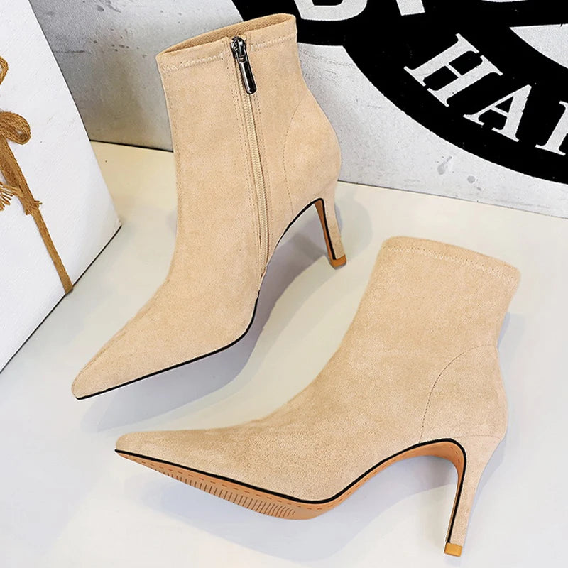 BIGTREE Shoes Women Ankle Boots Sexy High-Heeled Boots Suede Side Zipper Autumn Winter Shoes Stiletto Heels 8 cm Female Shoes